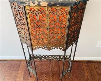 $650
ANTIQUE FIGURAL BRONZE AND IRON MARBLE TELEPHONE STAND / CONSOLE / HALL TABLE
23”L x 11”D x 41”H