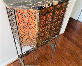 $650
ANTIQUE FIGURAL BRONZE AND IRON MARBLE TELEPHONE STAND / CONSOLE / HALL TABLE
23”L x 11”D x 41”H