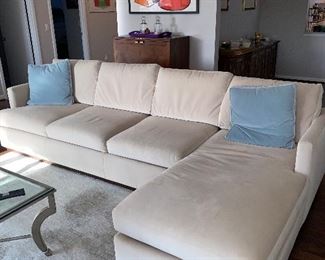 $850
VANGUARD FURNITURE SOFT CREAM VELVET FABRIC WITH DUCK FEATHER / DUCK DOWN FILLED CUSHIONS
LEFT SIDE LOUNGER SECTIONAL SOFA
120”L x 68”W x 35”H