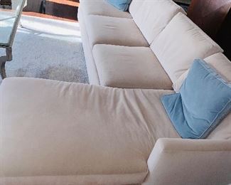 $850
VANGUARD FURNITURE SOFT CREAM VELVET FABRIC WITH DUCK FEATHER / DUCK DOWN FILLED CUSHIONS
LEFT SIDE LOUNGER SECTIONAL SOFA
120”L x 68”W x 35”H