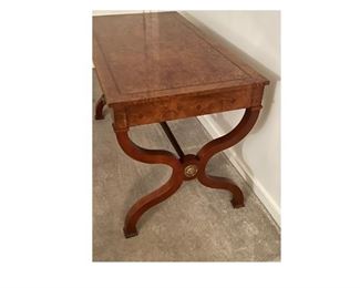 Side view of Baker  Regency  burl wood writing desk.  Priced at $1200