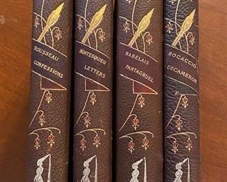 Four Leather Bound Books Rousseau Confessions, Montesquieu Letters, Rabelais Pantagruel and Bocaccio Decameron