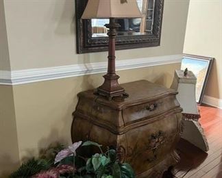 Painted table, lamps, mirrors