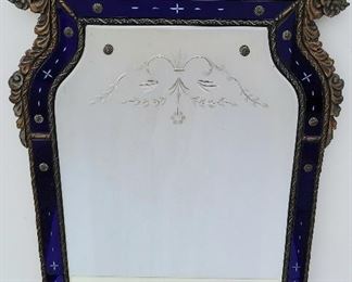 Art Deco mirror with blue glass border.