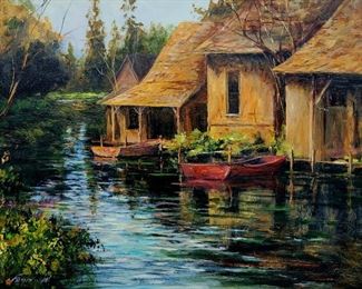 Large original Art Franckowiak fish shack painting.