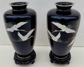 Pair flying cranes silvered colisonne vases.