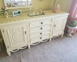 White Painted Ornately Carved Dresser Bureau