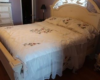 King size bed frame and  headboard, mattress    It  has bedframe, two night stands, dresser with mirror and  chest   