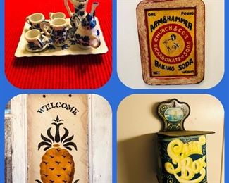Blue and white miniature tea set
Arm and hammer advertising souvenir 
Pineapple welcome slate
Salt box