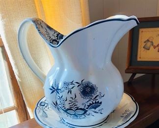 Blue and white pitcher and bowl set