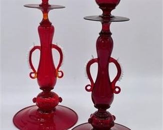 Lot 021
Pair of Salviati Style Venetian Red Glass Candlesticks