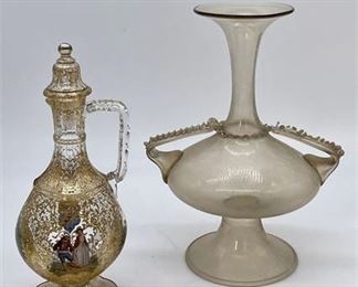 Lot 023
Salviati Style Venetian Double Handle Vase and Gilt Bottle/Cruet
