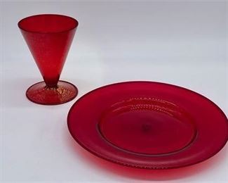 Lot 092
Mid Century Modern Red and Gold Dust Glass Plates and Stemware