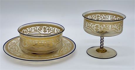 Lot 095
Venetian Enameled Plates, Bowls and Stemware