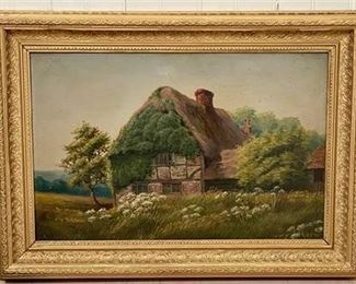 Lot 129
19th C. English Landscape with Thatched House Painting