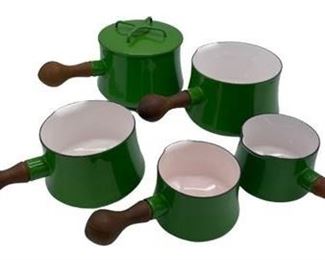 Lot 183
5 Vintage Dansk Green Enameled Kobenstyle Sauce Pans with Handles