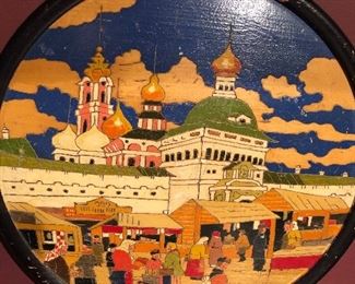 Russian folk art antique wood carved plates possibly from Nizniy Novgorod