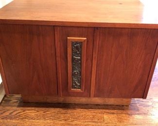 Mid century modern teak end table with interesting insert/two burn spots on top