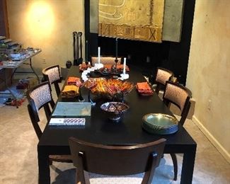 Black oak finish contemporary dining table and six chairs