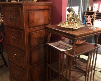 Beautiful burl wood file cabinet and antique oak revolving bookshelf