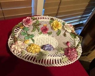 Amazing large delicate porcelain flower basket, nearly perfect 