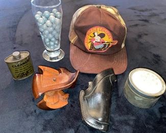 Colt Holster, Jay Scott? “N” Target Grips, Carl Dyer’s Original Moccasins Oil, , Toledo Muzzle Loaders Hat & 50 Cal. Bullets, Etc!