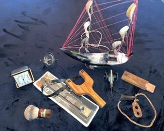 Seth Thomas Travel Alarm Clock, Wham-O Hunting Slingshot, Cast Iron Canon Made in Italy, Three Stars Rein Dachs Badger Shaving Brush,Vtg Gyroscope Metal Top, Vintage Bull Horn Model Boat, Etc!