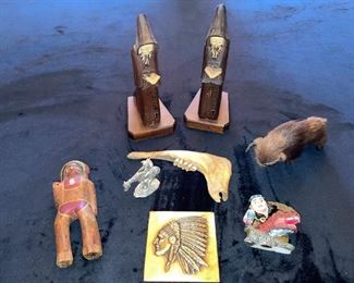 Souvenir Buffalo with Real Fur, JOM Wood Carved Monks Mexico, Pewter “End of Trail” Figurine Copyright "MN", Vtg Indian Chief Copper Plague
Etc!

