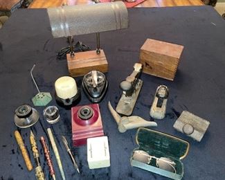 Sengbusch Ideal Junior Envelope/Stamp Moistener, Vtg Wood Dovetail Index Box, Southern Pen Co. 14K Plated Durium Ink Lever Filler Pen/Pencil, Empty Case, Esterbrook #9688 & Square “W” MOP Pencil,
Speed Products Stapler, Early 1900s Wood Blotter Stamp Press, Sengbusch Glass and Bakelite Ink Well,
Madison, WWII Navy & Victorian Glass Non-Spill, Ink Wells , Esterbrook #407 Dip-Less Ink Well, Cast Iron Letter Spike. Roover’s Hand Embosser, Vtg Metal Banker’s Light w/Wood Base Works, Vintage Durex Gold-Filled Glasses, Bates Base Stapler Model B!
