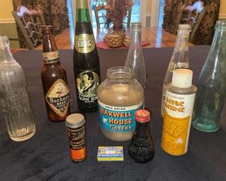 Vintage Bottles: Buckeye Beer, Always Elvis, Maxwell House, Green Seal Select, KS, E&B “103”, Gold-Bond, Esquire Scuff-Kote, Heddy Furniture Scratch Remover, Surgical Edge Razor Blades!