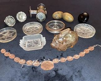 Glass Ashtray & Coasters, Pink Depression Glass Necklace w/Crystal Beads, (As Is), Vintage Brass & Glass Doorknobs, Marathon Ohio Oil Co Glass Piggy Bank!
