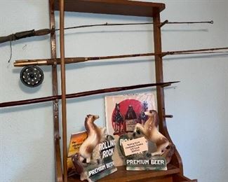 Gun/Fishing Pole Rack w/Lockable Drawer, Wood Hunting Spear, Primitive Fly Fishing Rod, Heddon Pal #8353 Fly Fishing Rod & Reel, Rolling Rock Chalkware Horses!