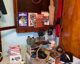 Colt Holster, Jay Scott? “N” Target Grips, Carl Dyer’s Original Moccasins Oil, Buckskinning Books/Supplies/Leather, Outers 478 Shotgun leaning Kit, Toledo Muzzle Loaders Hat & 50 Cal. Bullets, Wool Hand Made Rifle Case, US Army Canteens, Leather Hole Punch, Basket of Leather, Etc!