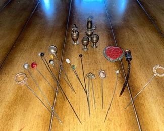 Vintage Lot of Hat, Hair & Stick Pins & Mini Brass Dollhouse Figurines!