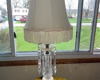 Ornate Bronze Lamp with Prisms and Fringed Shade!