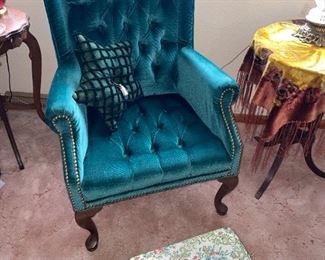 Vintage Emerald Green Wingback Chair & Padded Storage Footstool !