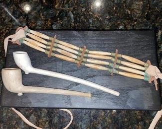 Bone Native American Choker Necklace, Clay Smoking Pipes!