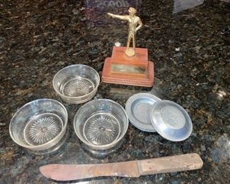 Anchor Hocking Clear Custard Bowls, Carson Freeport, PA Pewter Coasters, Vintage Marksmanship Trophy, Primitive Knife!
