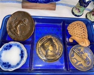 Nestle Liberty Medallion 1886-1986, “Flow Blue” Vintage Saucers, 1923 Bronze Metal Art “Modesty”, Carved Wood Turtle w/Baby, WWI General John Pershing Reserve Paperweight 1917, Etc!