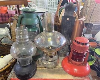 Dietz #40 Traffic Guard Lamp, Embury #2 Air Pilot Lamp w/Dietz D-Lite Globe, W Terbury Oil Lamp, 
Primitive Tin Candle Wall Sconce Signed Wes Jaquillard, Metal Punched Primitive Candle Wall Sconce, Copper/Wood Wall Sconce!