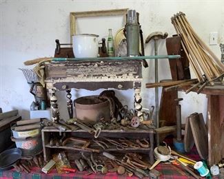 Vintage Desk, Wagner Ware 8” Skillets #5, Dura-Zinc Alloy Wheeling Ringer Bucket, Vintage Leather Stitching Horse, Hanging Clothes Dryer, Vintage Tools, Etc!
