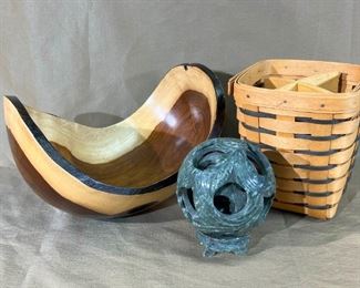 021 Wood Carved Bowl, Longaberger Baset  Carved Stone