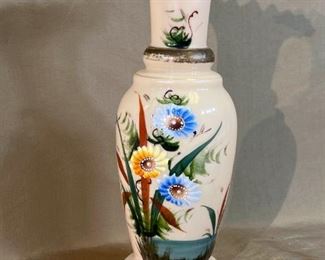 018 Antique Victorian Bristol Glass Vase Hand Painted