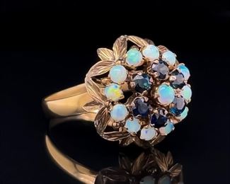 Vintage Dream! Gorgeous Blue Spinel & Diamond Cluster Dome Garden Ring in 18k Yellow Gold Estate
