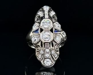 Antique Art Deco 1.14ctw Diamond & Natural Sapphire Estate Horn Ring in 18k White Gold
