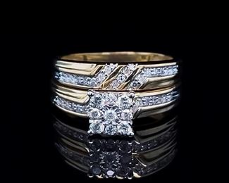 Art Deco Divine! Estate Vintage Diamond Matching Engagement & Wedding Ring Set in 10k Yellow Gold
