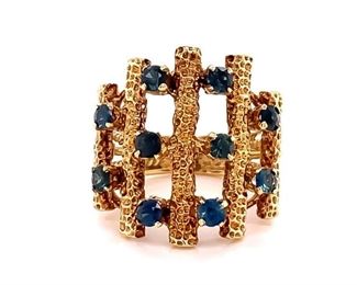 Artistic Elegance! Blue Sapphire Designer Brutalist Estate Ring in 14k Yellow Gold
