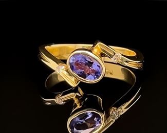 European Elegance! Tanzanite & Diamond Geometry Bypass Estate Ring in 14k Yellow Gold