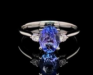 Stunning! Vibrant Oval Tanzanite & Diamond 3-Stone Estate Ring in 14k White Gold