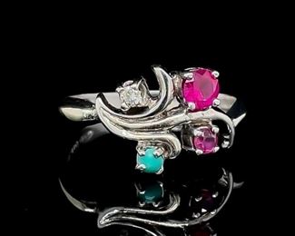 Art Nouveau Ruby, Diamond & Nano Turquoise Estate Ring in 14k White Gold